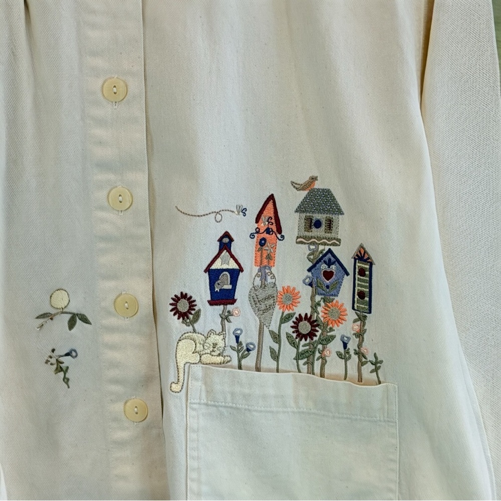 Christopher & Banks Embroidered Birdhouse Jacket Cream Cottagecore Button up XL - Picture 5 of 11